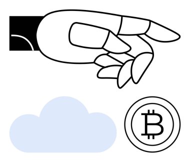 Bitcoin logosuna ve mavi buluta uzanan mekanik el, engelleme teknolojisini, bulut hesaplamasını, yeniliği, kripto para ticaretini, finansal teknolojiyi, otomasyonu, dijital
