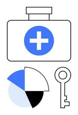 Haçlı ilk yardım çantası, bölümlü pasta çizelgesi ve anahtar. Sağlık, strateji, veri analizi, güvenlik, planlama çözümleri ve potansiyeli ortaya çıkarmak için idealdir. Düz basit metafor