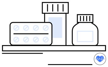 İlaç şeridi, ilaç şişesi ve kavanoz düzgünce rafa dizilmiş. Sağlık, eczane, ilaç, tedavi, sağlık eczanesi önleyici bakım için idealdir. Düz basit metafor