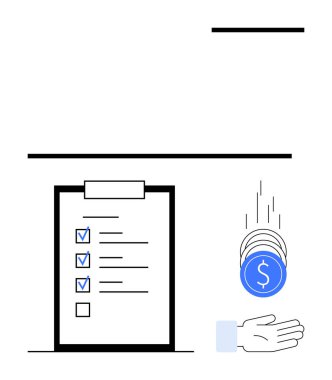 Düşen paraları yakalayan bir elin yanında tamamlanmış görevleri olan minimalist kontrol listesi. Ticari hedefler, üretkenlik, mali yönetim, tasarruflar, çevrimiçi ödüller, bütçe planlaması, basit iniş