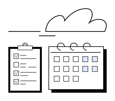 Kontrol listeleri ve takvimi olan panolar planlama, planlama ve görev yönetimini temsil ediyor. Üretkenlik, organizasyon, zaman yönetimi, iş akışı, hatırlatıcılar için ideal, teslim tarihleri basit iniş sayfası