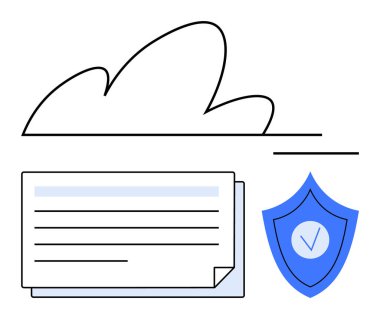 Bulut silueti, metin satırlı belge simgesi ve yığın, işaretli mavi kalkan. Veri depolama, güvenlik, güven, mahremiyet, bulut hesaplama, siber güvenlik basit iniş sayfası için ideal