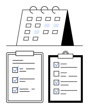 Vurgulanmış tarihler ve tamamlanmış görevleri ve bekleyen ögeleri gösteren iki pano içeren masa takvimi. Zaman yönetimi, organizasyon, üretkenlik, iş akışı, iş planlaması, son teslim tarihi için ideal