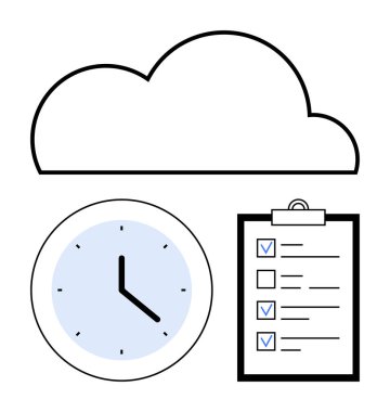 Saat, bulut, görev kontrol listesi verimliliği, planlamayı, organizasyonu, teslim tarihlerini temsil eden işaretli kutular. Zaman yönetimi, bulut verileri, iş akışı hedefleri, verimlilik uzak çalışma için ideal