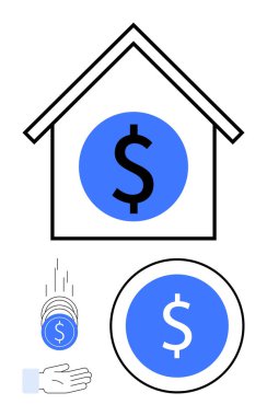 Dolar sembollü bir ev, bozuk para yakalayan bir el ve yuvarlak dolar ikonu. Finans, tasarruf, ekonomi, iş büyümesi, yatırım, gayrimenkul sade iniş sayfası için ideal