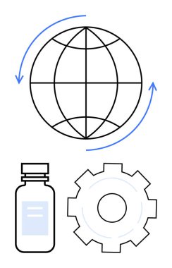 Dönen okları, ilaç şişesi ve küresel sağlık hizmetini, yeniliği, teknolojiyi ve sürdürülebilirliği sembolize eden teçhizatlı bir dünya. Sağlık, teknoloji, bilim lojistiği ve basit iniş için ideal