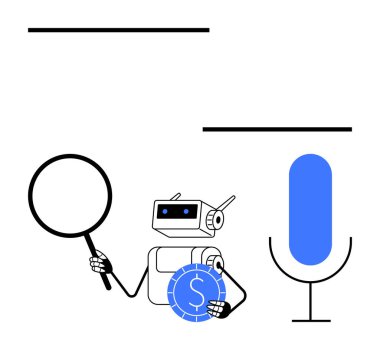 Robot büyüteçle inceleme yapıyor, mikrofonun yanında bozuk para tutuyor. Yapay zeka, finans, arama, ses teknolojisi, otomasyon, dijital dönüşüm yeniliği için ideal. Düz basit metafor