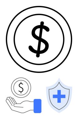 Çemberdeki dolar işareti mali durumu, el destekli para yardımı ve kalkanı sağlık sigortasını temsil eder. Finans, sigorta, tıbbi yardım, koruma için ideal
