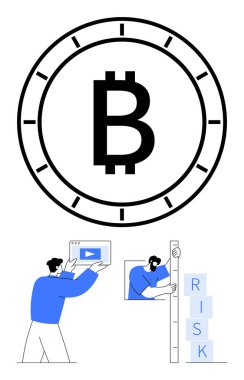 Saatin içinde Bitcoin logosu, elinde video ekranı olan bir adam ve başka bir yığın risk bloğu. Finans, engelleme zinciri, yatırım, takım çalışması, dijital para birimi, strateji sade iniş sayfası