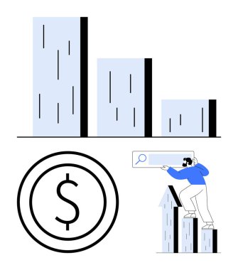 Para birimi sembolü, finansal şema, ölçü grafiği ve ilerleme için ok direğine tırmanan adam. İş, finans, yatırım, kariyer büyümesi, analitik stratejisi için ideal basit iniş sayfası