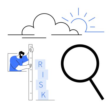 İnsan risk değerlendirmesi, bloklar ve ölçekler kullanarak, büyüteç büyüterek odaklanmayı, bulutları ve güneşi sembolize eder. Analiz, karar verme, üretkenlik, iş stratejisi ve risk için ideal