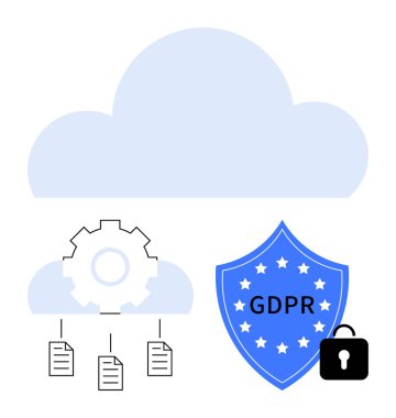 Çarklı bulut ana hatları, belgeler, GDPR kalkanı, veri korumasını temsil eden kilit, bulut depolama, uyum. Teknoloji, gizlilik, siber güvenlik düzenlemesi bulut hizmetleri riski için ideal
