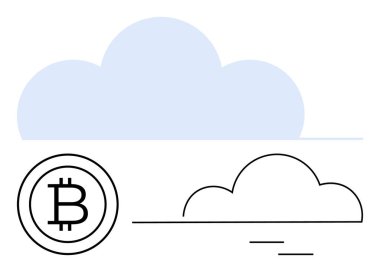 Dijital para birimini ve bulut deposunu temsil eden şekillendirilmiş bulutların yanında Bitcoin logosu. Teknoloji için ideal, veri güvenliği, kripto para birimi, fintech, engelleme zinciri, ağ oluşturma, yenilik. Düz basit