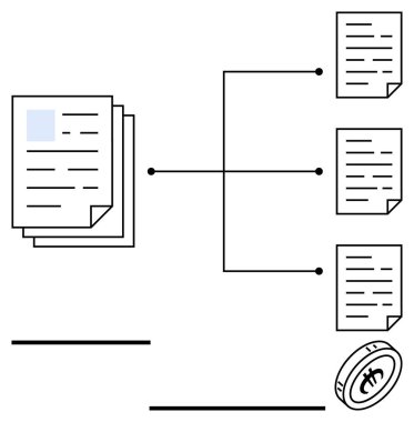 Küçük belgelere ve kripto para jetonuna bağlı bir yığın kağıt. Engelleme zinciri, finans, dijital işlemler, veri paylaşımı, dağıtılmış sistemler, kripto para birimi, basit iniş sayfası için ideal