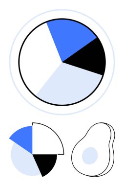 Soyut geometrik şekiller eşliğinde, zıt renklerde bölünmüş turta grafikleri. Veri görselleştirme, analitik, segmentasyon, raporlar, sunumlar, strateji, düz