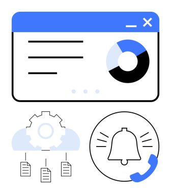 Pasta grafiğine bağlı web paneli arayüzü, bir bulut sürücüsü ve dosyalara bağlı ayarlar teçhizatı ve telefon simgesinin üstündeki uyarı çanı. Veri analizi, işlem otomasyonu, sistem bildirimleri için ideal