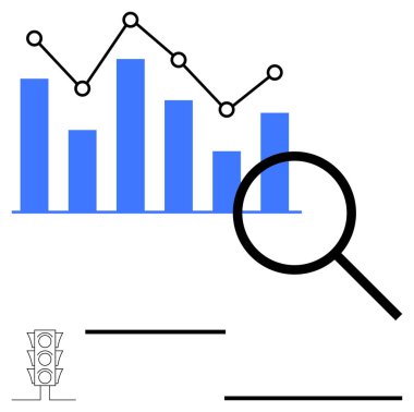 Veri noktaları olan çubuk çizelgesi, analiz, çizgi grafiği ve trafik sinyali gösterimi için büyüteç kaplanmış. Analiz, araştırma, optimizasyon, trafik ve iş büyümesi için ideal