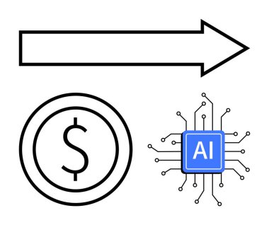 İleri ok, dolar işareti ve yapay zeka çipi maddi ilerlemeyi, teknolojiyi, yapay zekayı temsil ediyor. Fintech, AI çözümleri, yatırım stratejisi, ekonomik büyüme otomasyonu dijital finans için ideal