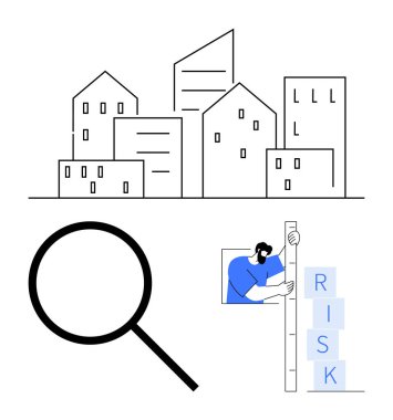 Siyah ve beyaz şehir binaları, keşif için büyüteç, istiflenmiş risk bloklarını ölçen kişi. Kentsel planlama, analiz, teftiş, risk yönetimi, araştırma, takım çalışması için ideal basit