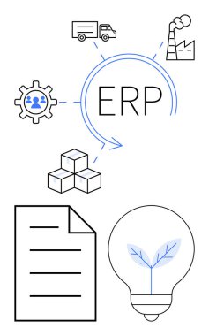 Ekip çalışması için teçhizatlı ERP sistemi, yenilik için ampul, belge, fabrika, kamyon, envanter akışı için küp. Yönetim, lojistik, yenilik sürdürülebilirlik planlama organizasyonu için ideal