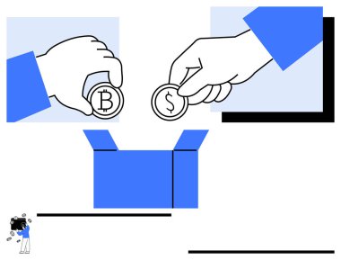 Kripto para ve dolar paralarını bir bağış kutusuna koyan eller finansal katkıyı, kitle fonunu veya yatırımı sembolize ediyor. Hayırseverlik, finans, yatırım, vermek için ideal
