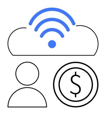 Kablosuz ikona sahip bulut, insan profili ikonu ve dolar para çevrimiçi bağlantıyı, kullanıcı erişimini, finansal yönetimi, veri paylaşımını sembolize ediyor. Teknoloji, finans ve bulut bilgisayar kullanıcısı için ideal
