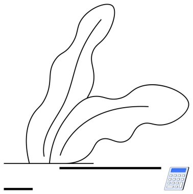 Soyut bitki, temiz çizgilerde dijital hesap makinesinin yanına bırakılır. Doğa, üretkenlik, eko-tasarım, modern çalışma alanı, basitlik, eğitim ve basit bir iniş sayfası için ideal