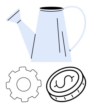 Su bidonu vites ve madeni paranın yanında büyümeyi, optimizasyonu ve finansal planlamayı gösteriyor. İş geliştirme, yatırım stratejisi, yenilik, üretkenlik, tasarruf, sürdürülebilirlik için ideal