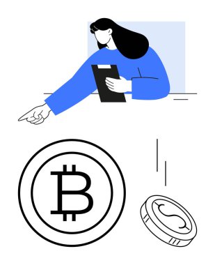 Bitcoin ve Coin de dahil olmak üzere dijital para birimi simgelerini gösteren profesyonel bir pano. Engelleme zinciri, fintech, yatırım, ticaret, analitik, e-ticaret, düz basit metafor için ideal