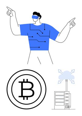 Teknoloji tasarımı kaplamalı VR kulaklıklı adam Bitcoin logosu, sunucuları olan bulut deposu. Kripto para birimi, engelleme zinciri, bulut teknolojisi, sanal gerçeklik, yenilik, gelecekteki teknoloji teknolojisi için ideal