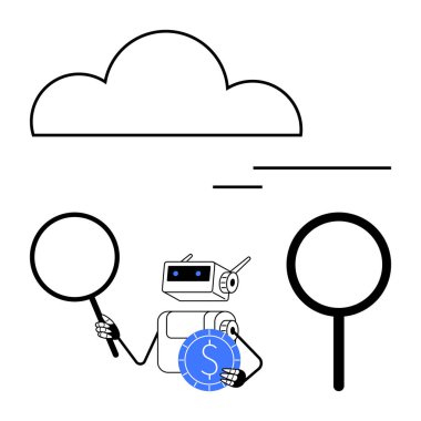 Robot bulut altında büyüteç ve para tutuyor, analizi, veri araştırmasını ve bağlantıyı temsil ediyor. Yapay zeka, finans, bulut hesaplama, veri araması, problem çözme teknolojisi için ideal