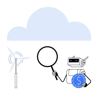 Robot rüzgar türbinini büyüteçle analiz ediyor ve bozuk para tutuyor. Yapay zeka, yenilenebilir enerji, finansal analiz, sürdürülebilirlik, teknoloji, temiz enerji ve yenilik için ideal. Düz basit metafor