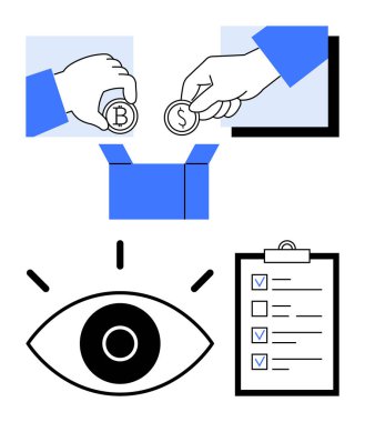 Eller bir kutuya şifreli para ve dolar sikkeleri, inceleme için göz sembolü, kontrol listesi panosu ekliyor. Kripto, finans, bağış, izleme, denetim, analiz, basit iniş sayfası için ideal