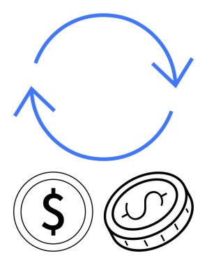 Mavi dairesel oklar, iki dolar üzerindeki para akışını, para değişimi veya finansal döngüleri sembolize eder. Finans, para transferi, bankacılık, yatırım, ticaret, iş, basit iniş için ideal
