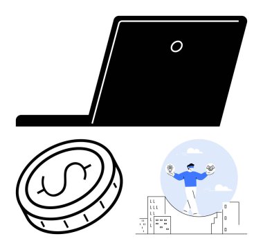 Dizüstü bilgisayar, bozuk para ve ip üzerinde ağırlıkları dengeleyen bir figür. Temalar için ideal uzak çalışma, finans, kariyer, risk yönetimi, verimlilik, motivasyon basit iniş sayfası