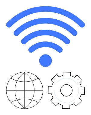 Mavi kablosuz sinyal, özetlenmiş dünya ve küresel iletişim, internet teknolojisi ve sistem optimizasyonunun sinerjisini gösteren dişli ikonu. Ağ kurmak için ideal, teknoloji, SEO, yenilik