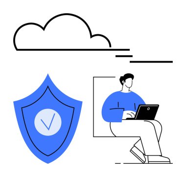 Kalkan ve bulut yakınında çalışan kullanıcı, güvenliği, veri korumayı ve bulut hesaplamasını temsil ediyor. Teknoloji için ideal, siber güvenlik, iş, yazılım, gizlilik uzaktan kumandası basit