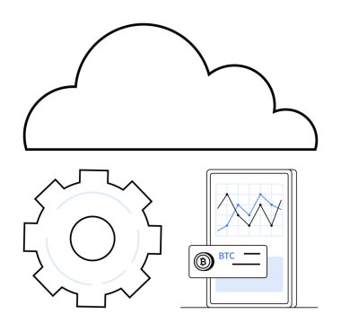 Bulut teknolojisi, işlem otomasyonu için teçhizat, şifreli BTC işlem ve grafiğini gösteren mobil cihaz. Fintech, veri depolama, dijital ekonomi, geliştirme, kripto para birimi, otomasyon için ideal