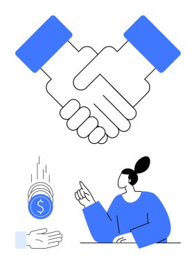 Ortaklığı sembolize eden tokalaşma, madeni paraların eline düşmesi ve takım çalışmasını, finans ve kararları işaret eden bir kişi. Takım çalışması, iş büyümesi ve finans işbirliği için ideal