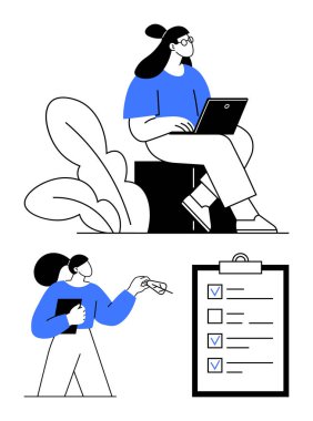 Dışarıda dizüstü bilgisayarda çalışan bir kadın, elinde dosya tutan bir adam listedeki eşyaları kontrol ediyor. Takım çalışması, organizasyon, üretkenlik, proje yönetimi, uzaktan çalışma, görev planlaması için ideal, basit