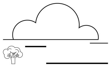 Yatay çizgilerin üzerinde bulut çizgisi, doğayı, minimalizmi ve berraklığı sembolize eden küçük ağaç çizgileri. Hava, çevre, basitlik, sürdürülebilirlik, sükunet, büyüme düzlüğü için ideal basit metafor