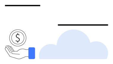 Parayla uzatılmış, arka planda bulut şeklinde. Tasarruf, finans, bulut hesaplama, dijital ekonomi, çevrimiçi ödeme, sanal bankacılık, basit iniş sayfası için ideal