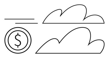 Madeni para hız çizgileriyle birlikte hareket ediyor. Finansal teknoloji ve bulut hizmetlerini temsil eden iki bulutun yanında. İş için ideal, fintech, teknoloji, internet, bulut depolama, iletişim