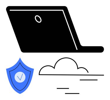 Laptop silueti, bulut hesaplama simgesi ve siber güvenlik işaretli mavi kalkan. Teknoloji, veri güvenliği, bulut depolama, çevrimiçi güvenlik, bilişim çözümleri, uzaktan iniş için ideal