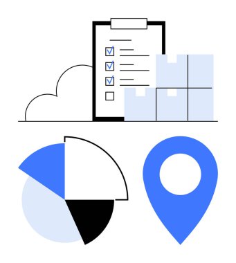 İşaretli görevleri olan kontrol listesi, istiflenmiş kutular, verileri gösteren pasta grafiği ve konum işaretleyici grafiği. Lojistik, dağıtım, envanter, tedarik zinciri planlama veri analizi için ideal. Düz