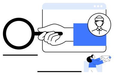 Web tarayıcı arayüzünde el ele tutuşan büyüteç, posta alan kullanıcı. İşe alım, arama, iletişim, analitik, kullanıcı deneyimi, teknoloji, basit iniş sayfası için ideal