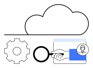 Büyüteçin üstünde bulut simgesi, tarayıcıda profil simgesi ve optimizasyon için dişli. Bulut depolama, veri yönetimi, kullanıcı profilleme, sistem analizi, dijital dönüşüm, üretkenlik için ideal basit