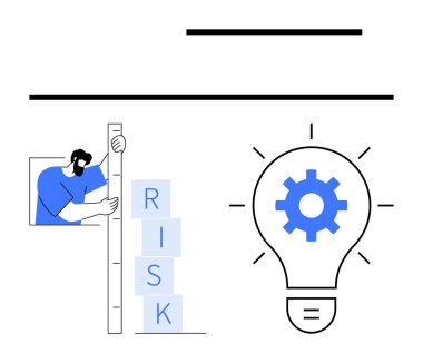 Dişli ikonlu parlayan bir ampulün yanında ayrı ayrı dizilmiş bloklar Risk olarak etiketlenmiş. Planlama, yenilik, problem çözme, risk yönetimi, takım çalışması, strateji, basit iniş için ideal