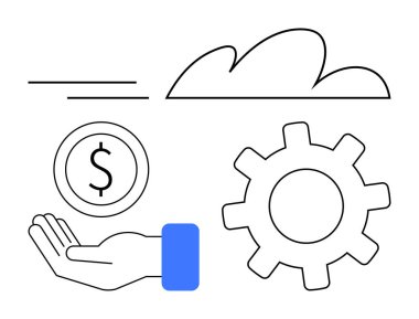 Bir dolar sikke, vites, dinamik bulut ve hareket çizgileri. Teknoloji, finans, otomasyon, üretkenlik, bulut hesaplama dijital dönüşüm için ideal basit iniş sayfası