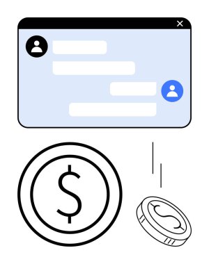 Kullanıcı simgeleri ve madeni para unsurları ile sohbet arayüzü, çevrimiçi ödemeyi, finans etkileşimini, iş anlaşmalarını, e-ticaret iletişimini sembolize ediyor. Fintech, online bankacılık ve basit iniş sayfası için ideal